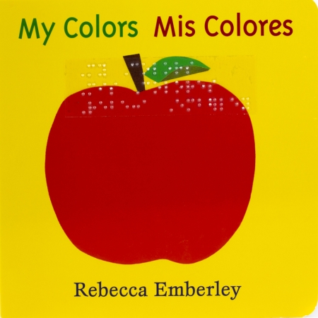 An apple in a fabric collage illustration style. Title is displayed both in English and Spanish.