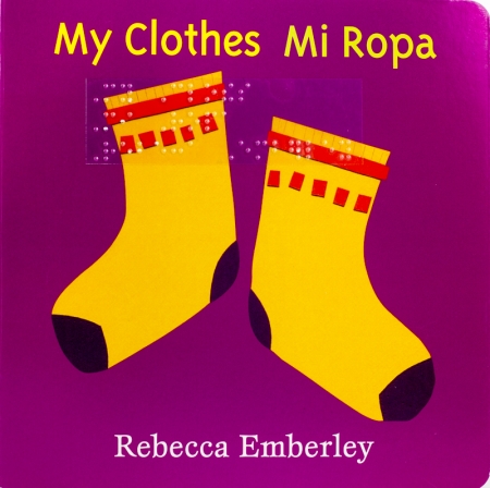 A pair of sock in a felt collage illustration style. The title is displayed in both English & Spanish.